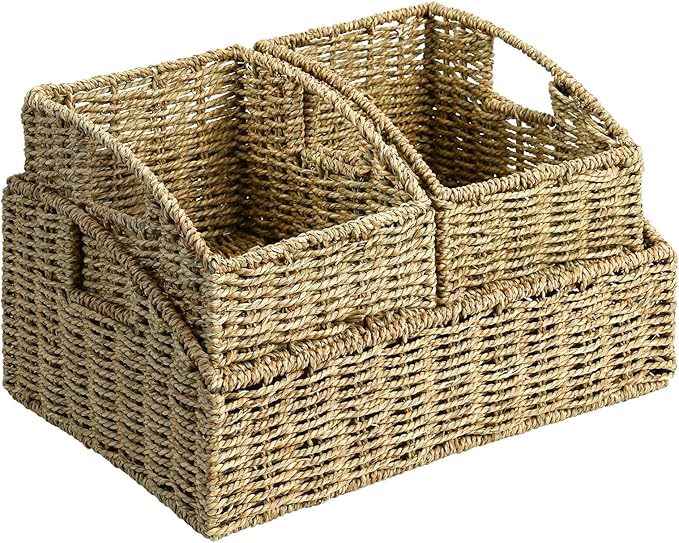 Ollieroo Rattan Storage Baskets, Handwoven Wicker Storage Bins with Built-in Handles, Storage Container Baskets for Shelves, Bedroom, Bathroom, Laundry Room or Kitchen(Green)