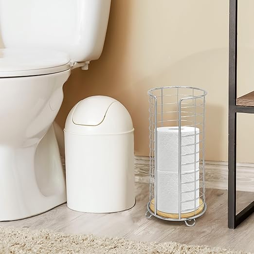 BROOKSTONE, Stylish Toilet Paper Holder with Bamboo Base, Freestanding Bathroom Tissue Organizer, Minimalistic Storage Solution, Modern Trending Design [Holds Large Rolls], Chrome…