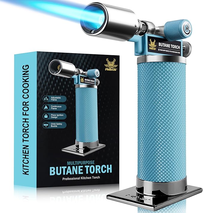 RAVS Butane Torch Lighter Refillable, White Kitchen Torch with Adjustable Flame, Premium Metal Creme Brulee Torch for Baking, Welding, Cooking Torch Butane Not Included