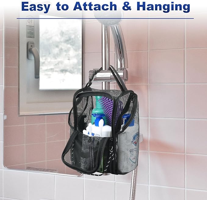 Cosmos Mesh Shower Caddy Toiletry Organizer Hanging Shower Tote Bag, Quick Dry Shower Organizer Portable Bath Bag with Durable Zippers & Side Pockets for Travel, Gym, Swimming, Beach and Camp
