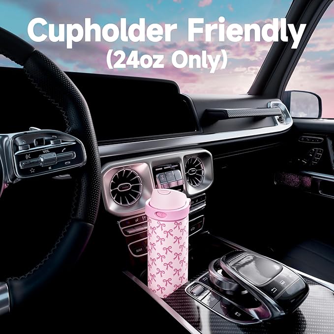 24 oz Insulated Water Bottle for Women: Meoky Stainless Steel Metal Water Bottle with 2-in-1 Straw and Spout Lid - Leak Proof, Cold for 24 Hours, Protective Silicone Base, BPA-Free for School, Bow