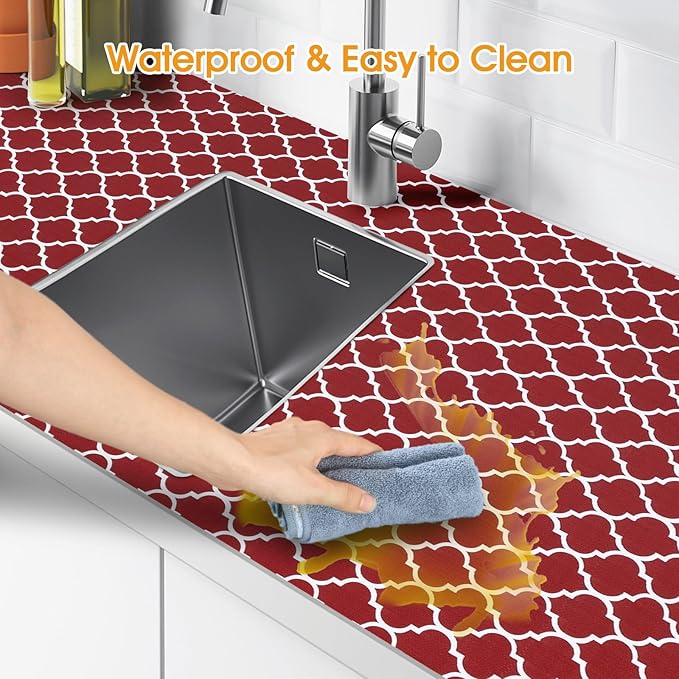 Shelf and Drawer Liner for Kitchen Cabinets Non-Adhesive, Strong Grip Non-Slip Thickened Cabinet Liners for Shelves, Waterproof Mats for Dresser Cupboard, Red/White, 12 in x 30 Feet