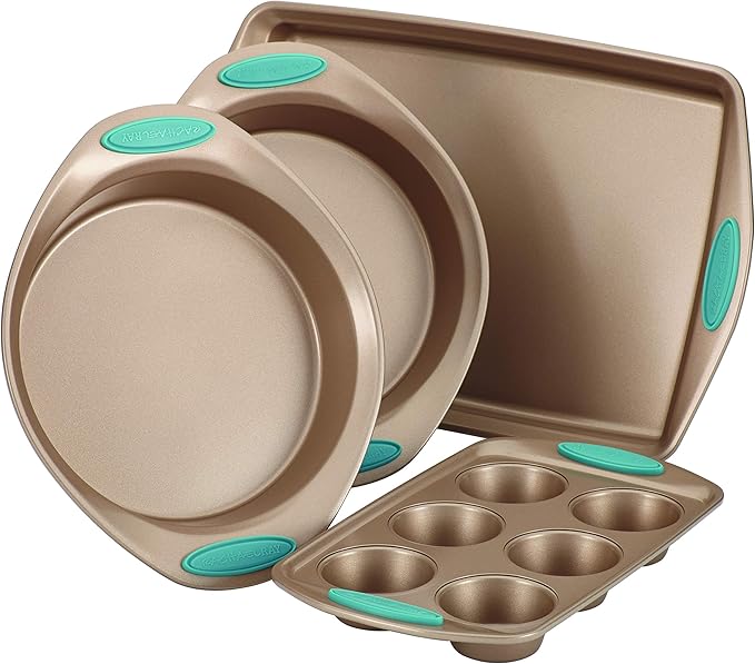 Rachael Ray 47578 Cucina Nonstick Bakeware Set with Grips Includes Nonstick Bread Pan, Baking Sheet, Cookie Sheet, Baking Pans, Cake Pan and Muffin Pan - 10 Piece, Latte Brown with Agave Blue Grips