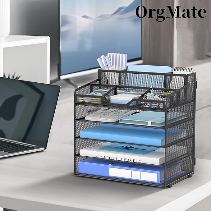 5 Tier Mesh Desk Organizer,Multi Functional Letter Paper Tray with 3 Pen Holders and 5 Adjustable Storage Compartments for Office Supplies Files and Mail Space Saving Desktop Organizer-Black
