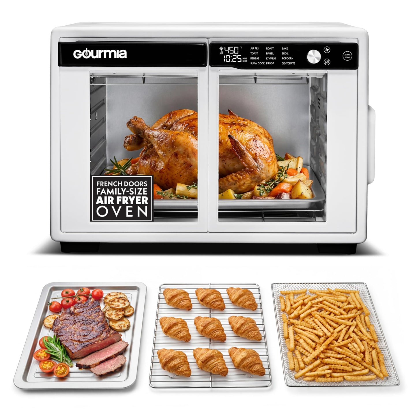 Gourmia French Door Air Fryer Oven - 37 Qt Large Capacity Convection Toaster Oven, FryForce 360°, Digital Display, 12 Cooking Presets, Dehydrate, Fits 13” Pizza, Dishwasher-Safe, Peach