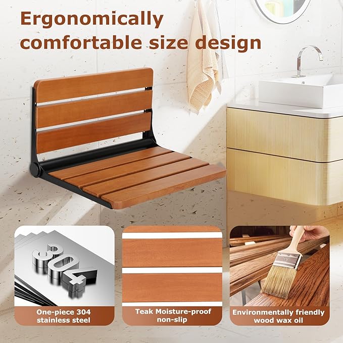 Foldable Shower Seat Wall Mounted, Folding Shower Bench for Small Shower Spaces, 400lbs Max Load for Inside Shower, 16"