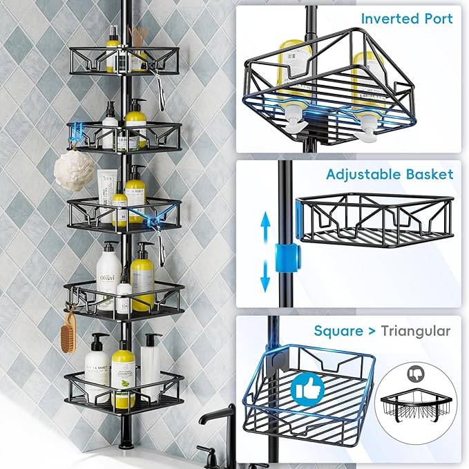 Skycarper 5 Tier Adjustable Corner Shower Caddy Organizer with Hooks,Rustproof Tension Pole 62-116 Inch, Black