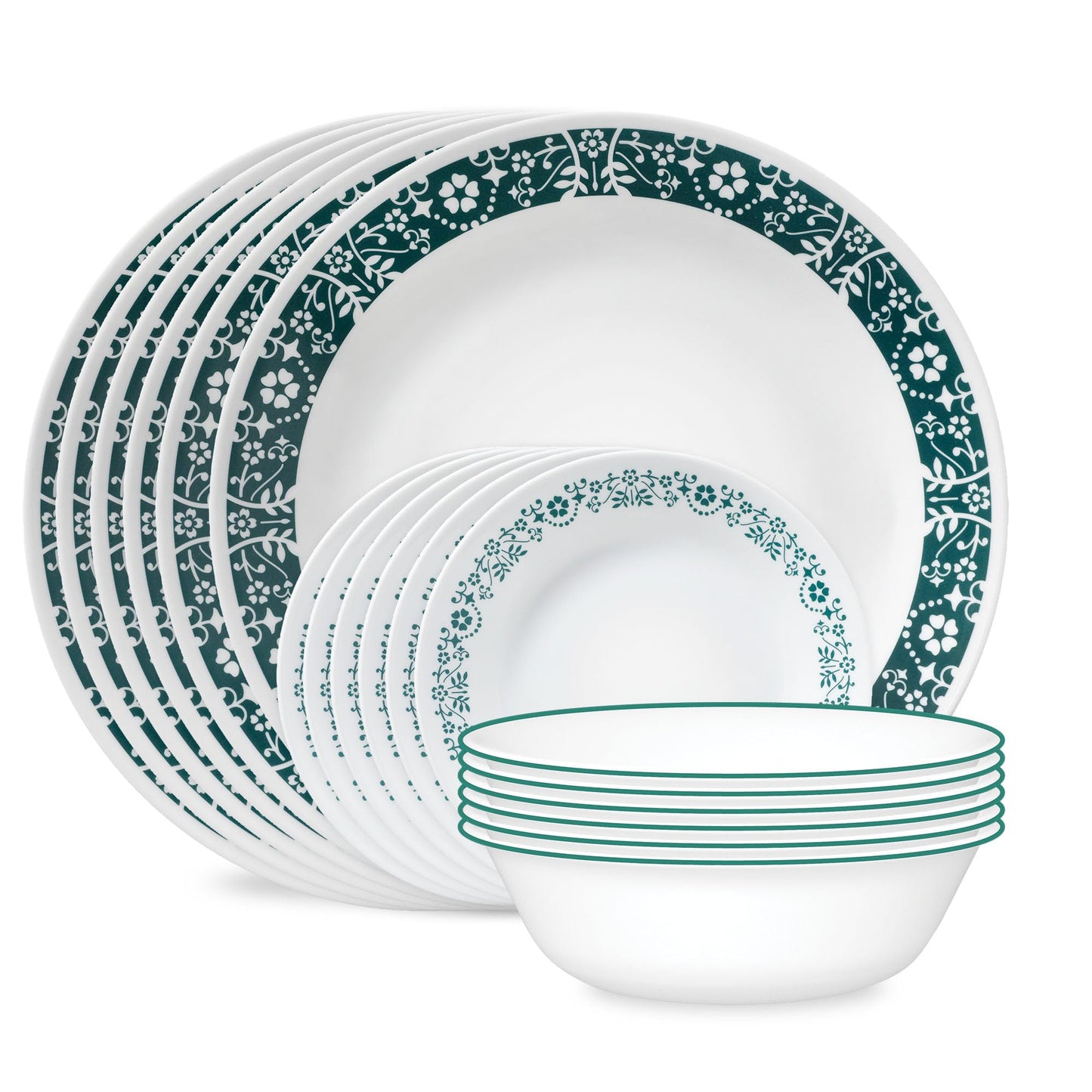 Corelle Everyday 18-PC Dinnerware Set Service for 6, Durable and Eco-Friendly, Higher Rim Glass Plate & Bowl Set, Microwave and Dishwasher Safe, Sadie