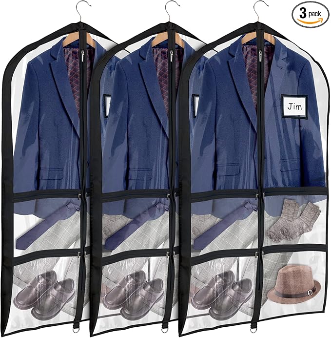 Univivi Clear Black PVC Dance Costume Bags (3 Pack) Garment Bag 40 Inch for Dance Competitions, with 4 Medium Clear Zipper Pockets and 1 Large Back Zippered Pocket [Upgraded Version]