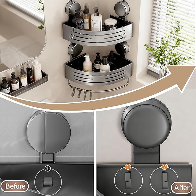 Corner Suction Cup Shower Caddy(2-Pack Gray),No-Drilling Aluminum Shower Shelf with Towel Bar & Hooks,Removable Bathroom and Kitchen Storage Organizer.