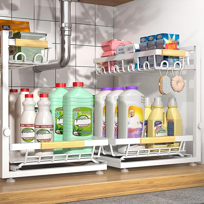 2 Packs Under Sink Organizer, Height Adjustable 2 Tier Under Kitchen sink organizer, Multi-Purpose Storage Shelf for Kitchen Bathroom Cabinet (White, Large)