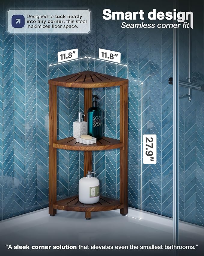BLUEWEST 3-Tier Corner Shower Caddy Stand, Wood Shower Organizer Standing with Anti-Slip Feet, Waterproof & Durable Bathroom Corner Shelf, Space-Saving Design Storage for Kitchen or Living Room
