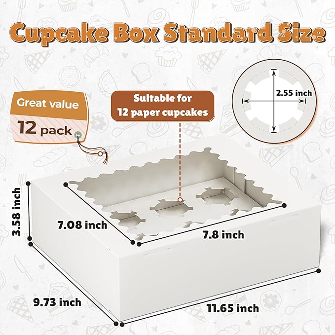 12 Pack Cupcake Boxes, Hold 12 Standard Cupcakes, Cupcake Containers with Window and Inserts, High Grade Cupcake Holder, for Birthday Holiday Party, Supplies for Cupcakes, Desserts and More