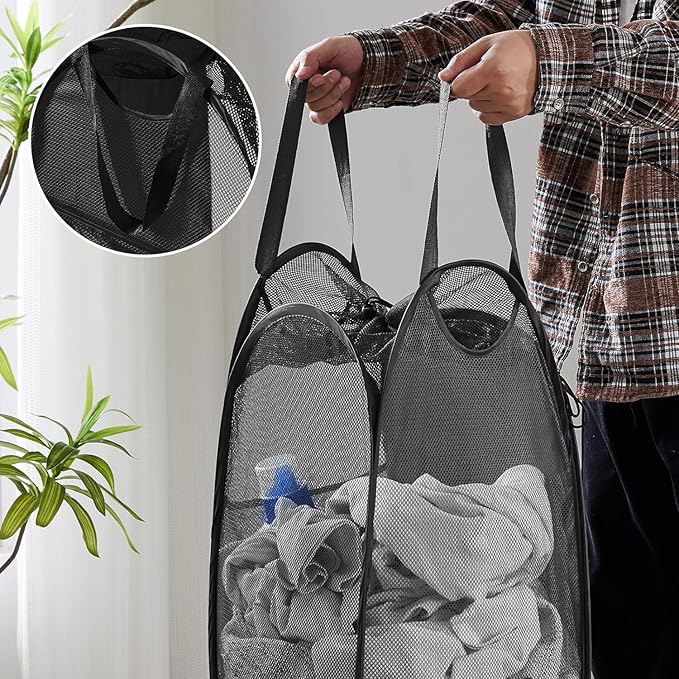 TECHMILLY Collapsible Mesh Pop Up Laundry Hamper with Sturdy Handles and Side Pocket - Portable Foldable Clothes Baskets for Dorm, Bathroom & Travel Storage (with Drawstring, Black, 2 Packs)
