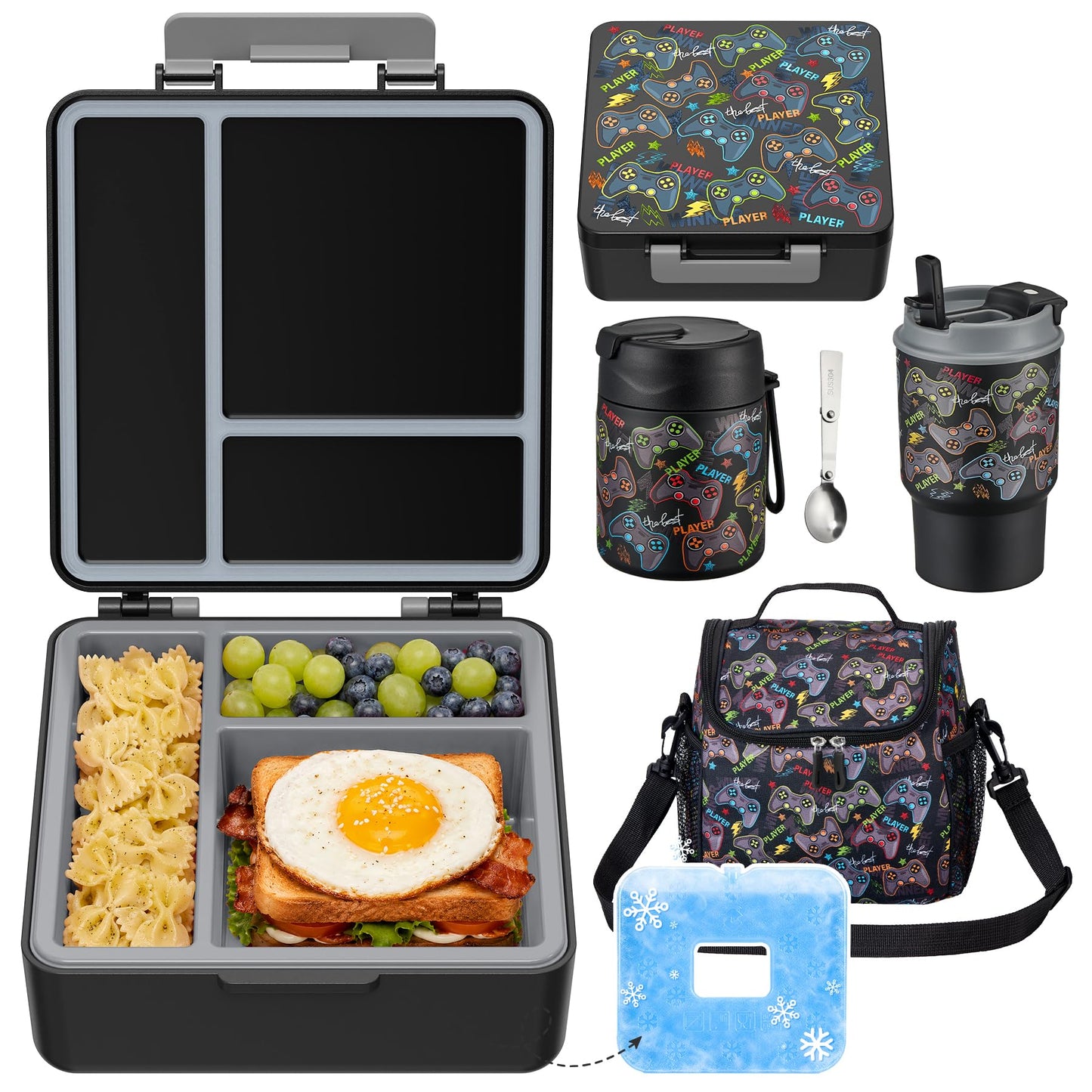 Pawtong Lunch Box Set with Bento Box Container, 17OZ Stainless Steel Food Soup Thermo, Kids Water Bottle & Portable Insulated Lunch Bag, Leakproof, Hot/Cold Retention for School, Travel (Dinasour)