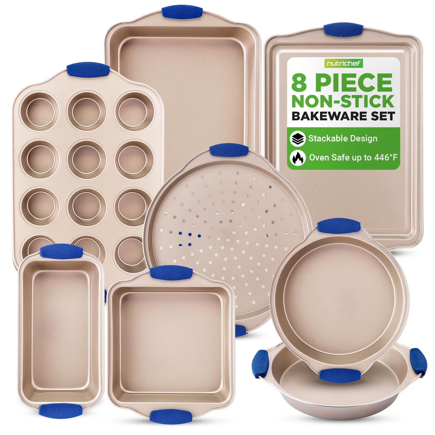 NutriChef 10-Piece Nonstick Bakeware Set - Premium Carbon Steel Baking Pan Set w/Heatsafe Silicone Handles, Includes Pizza Crisper, Loaf Pan, 12 & 24 Cup Muffin Pans, Cake Pans, Cookie Sheets
