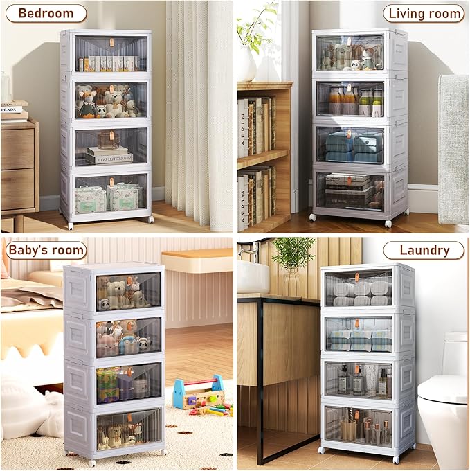 4 Tier Stackable Plastic Storage Bins with Lid and Wheels - 23 QT Closet Organizers and Storage, Foldable Storage Containers, Organization and Storage Boxes for Craft, Home, Pantry, Dorm, Grey