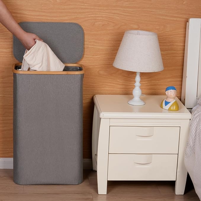 efluky Slim Laundry Basket with Lid, Narrow Laundry Hamper with Removable Bag, Skinny Dirty Clothes Basket with Bamboo Handles for Bathroom, Bedroom & Laundry Room, 75L Grey