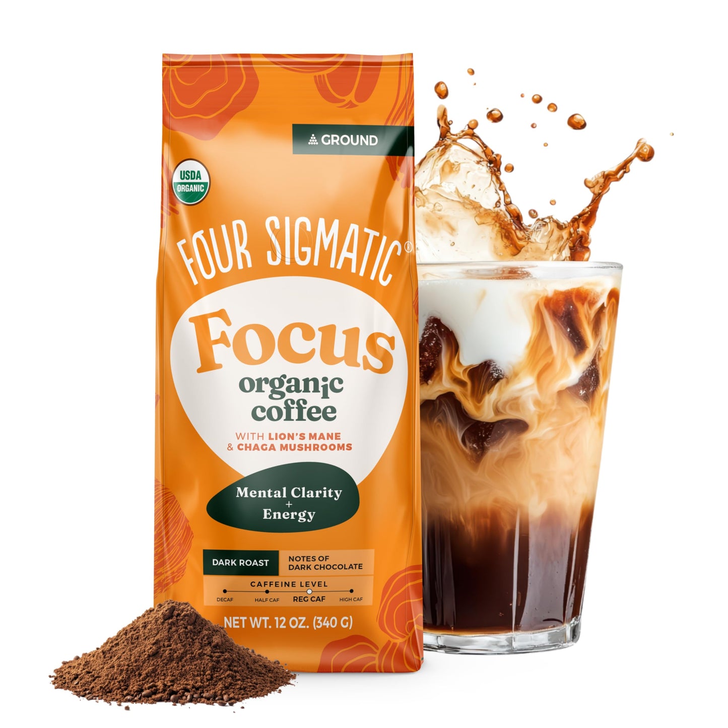Four Sigmatic Organic Focus Mushroom Ground Coffee | Dark Roast, Organic Coffee with Lion's Mane & Chaga Mushroom for Mental Clarity & Energy Support | 12oz Bag