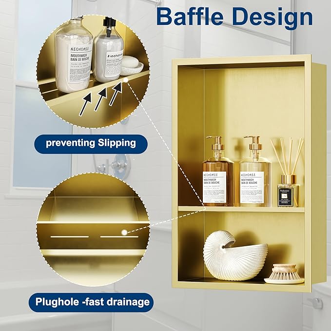 Neodrain Golden 12X18 Inch Double Shelf Stainless Steel Shower Niche, No Tile Needed Bathroom Niches, 2-Tier Recessed Wall Niche for Shower