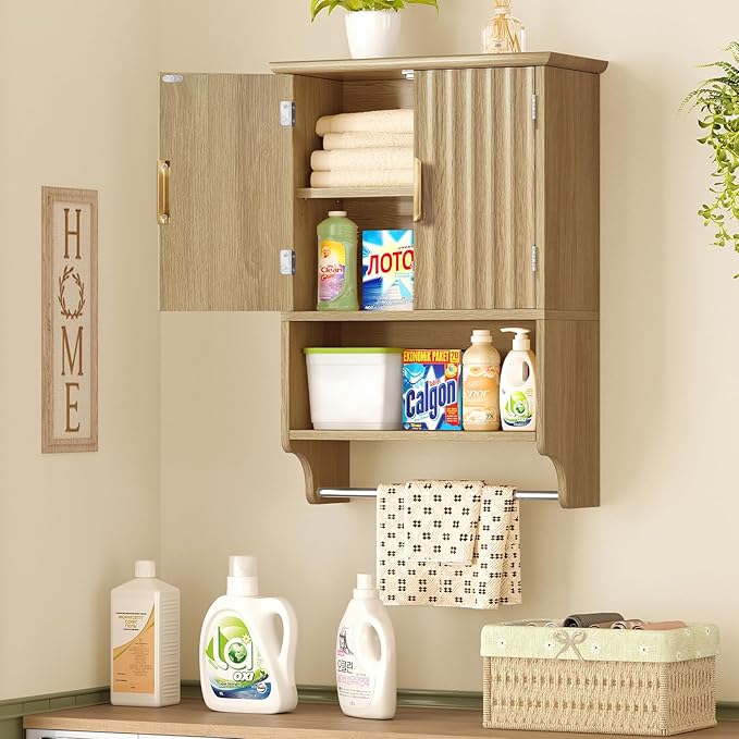 TEENFON Fluted Bathroom Wall Cabinet with Adjustable Shelves and Towel Rack, Wall Mounted Over The Toilet Storage Organizer for Bathroom, Living Room, Natural