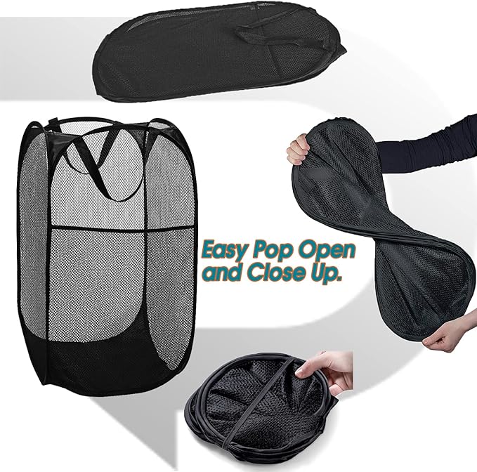 BATTOO Strong Mesh Pop Up Hampers for Laundry, Collapsible Laundry Baskets with Side Pocket Carry Handles for Laundry Room, Bathroom, Kids Room, College Dorm or Travel Black