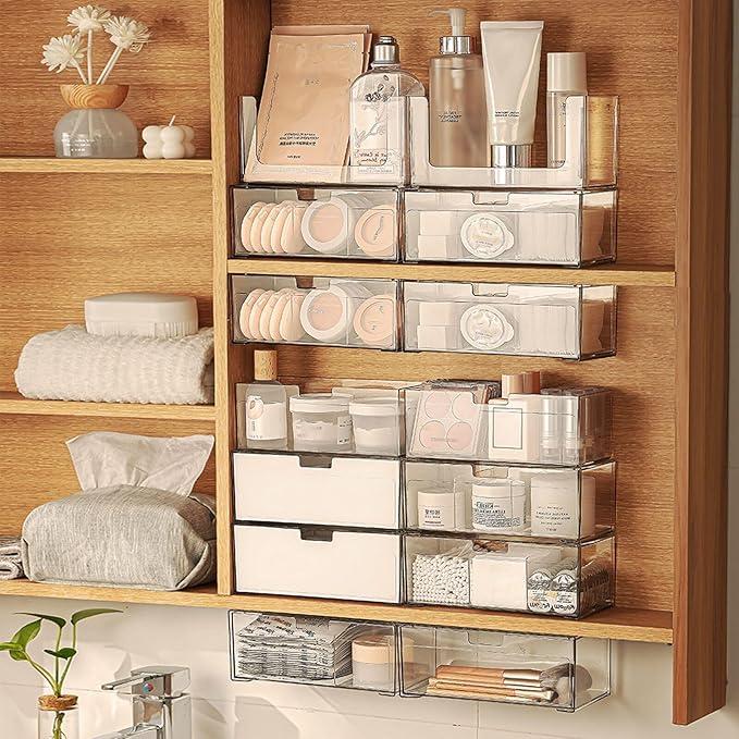 MORNITE Medicine Cabinet Drawer Organizer Set, 2-Tier Stackable Storage Drawers for Small Bathroom Mirror Toilet Wall Garage Vanity Cabinet - Clear