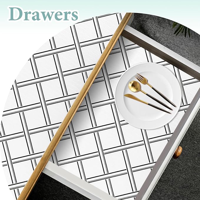 Drawer and Shelf Liner for Kitchen Cabinet: 17 in X 20 Ft Non Slip Waterproof Shelf Paper Non Adhesive Refrigerator Liners Black and White Squares Easy Liners for Bathroom