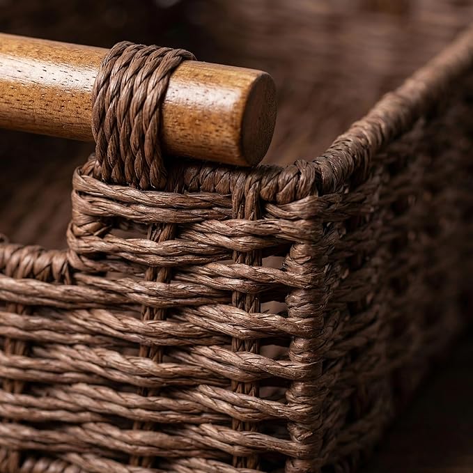 Toilet Tank Basket, Brown Wicker Toilet Paper Storage Basket (Holds 2 Rolls), Handwoven Paper Rope Bathroom Basket Organizer with Wooden Handles, Basket for Top of Toilet, Over Toilet Shelf & Counter