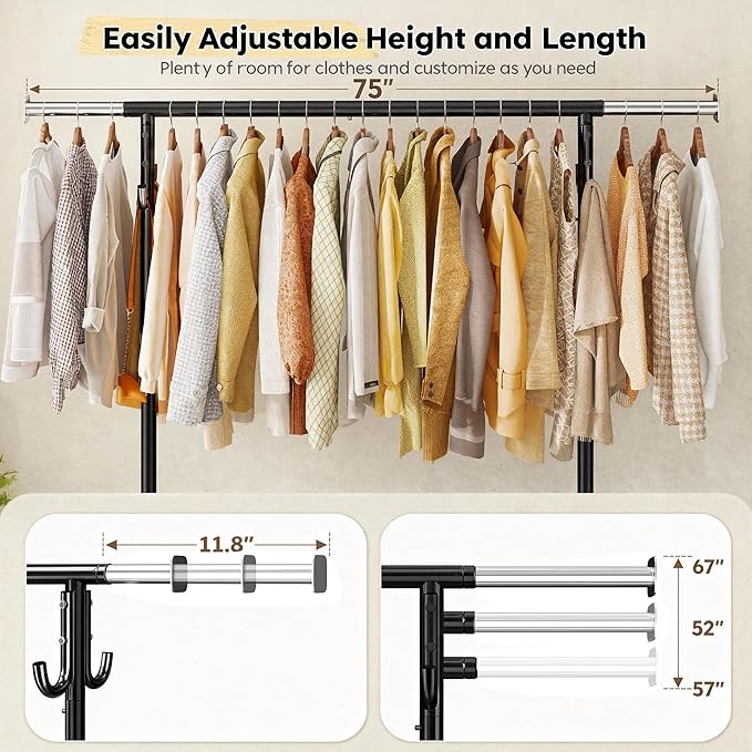 Raybee 75" W Heavy Duty Clothes Rack Load 450 LBS, Metal Garment Storage with Shelf, Lockable Wheels & Anti-Slip Stoppers, Rolling Clothing Rack for Bedroom Laundry Room, Black