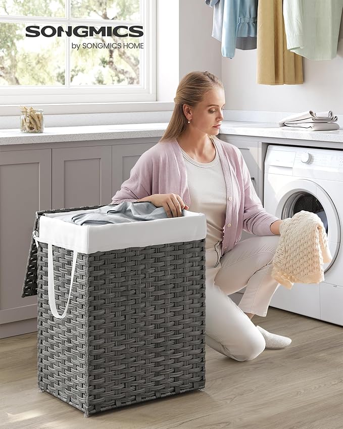 SONGMICS Laundry Hamper with Lid, 23.8 Gallon (90 L) Synthetic Rattan Clothes Laundry Basket with Lid and Handles, Foldable, Removable Liner, Dove Gray ULCB51WG