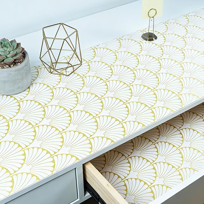 Shelf Liners Non Adhesive Gold Background White Fan-Shaped Pattern - Thickened Non-Slip Easy to Clean Drawer Liner for Kitchen Cabinets, Tool Box,Refrigerator,with Knife & Tape Measure,17in x 20FT.
