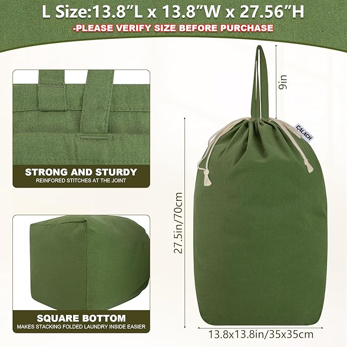 Canvas Laundry Bags with Handles & Square Base 13.8"Lx13.8"Wx27.6"H, Large Heavy Duty Laundry Basket Hamper Liner, College Dorm Washable Drawstring Canvas Dirty Clothes Bag (Army Green)