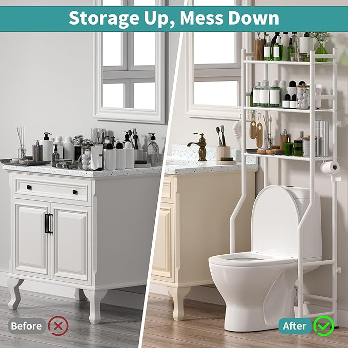 3-Tier Over The Toilet Storage with Paper Holder, Metal Bathroom Organizers and Storage for Small Space, Freestanding Bathroom Shelves with 4 Hooks, Above The Toilet Storage Shelf (White)
