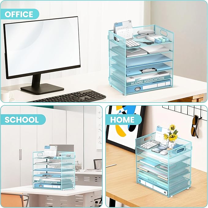 Daltack 6 Tier Paper Organizer for Desk, Paper Letter Tray Organizer for Desks, Mesh Desk File Organizers with Handle for Office, Home, School, Blue