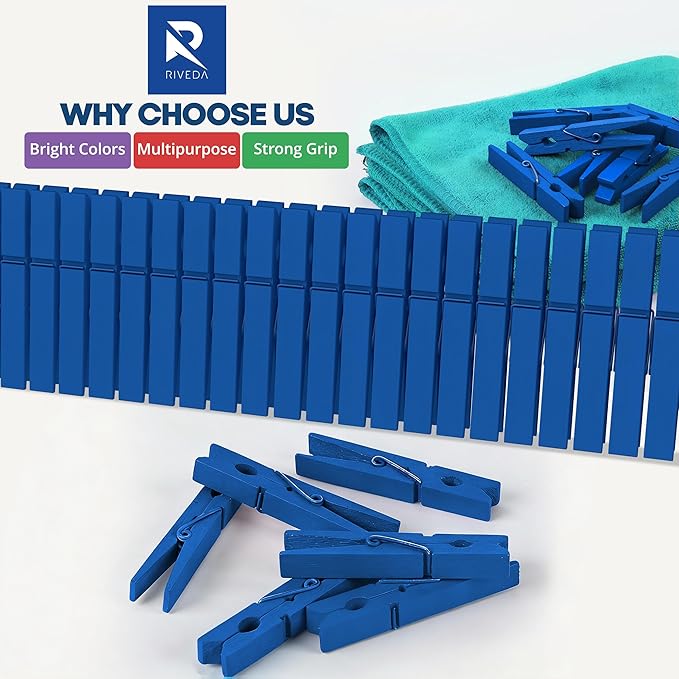 RIVEDA 50pcs Colored Wooden Clothes Pins, 2.9inch, Clothespins for Classroom, Clip Hanging Photos, DIY Clips for Crafts, Decorations (Dark Blue)