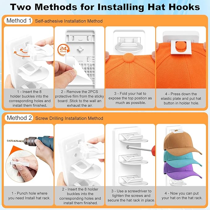 2 Pack Hat Organizer for Baseball Caps, Hat Rack for Wall Hold Up 16 Hats, Strong Adhesive & Screw-in Cap Holder hat hangers for Closet Door & Bedroom (White-2Pcak)
