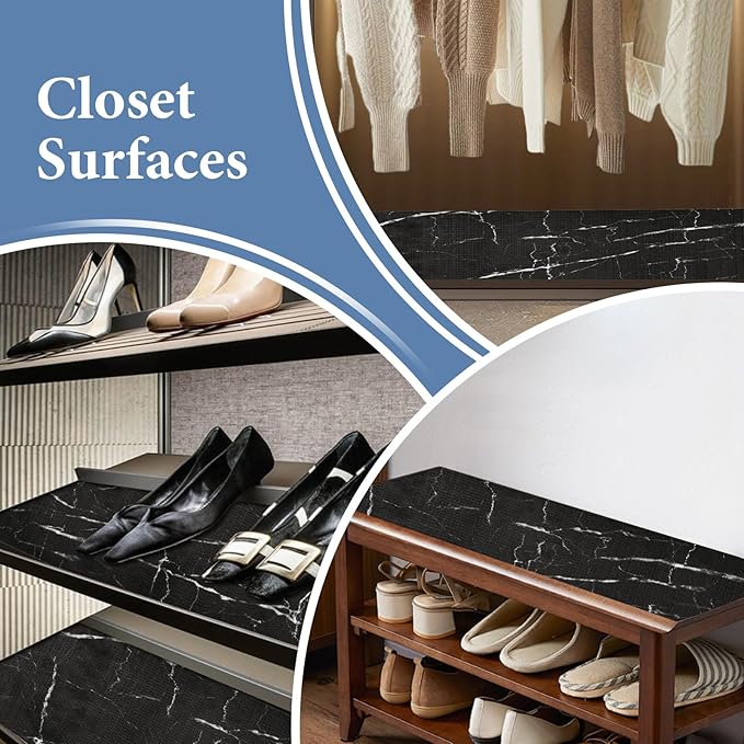 Drawer and Shelf Liner for Kitchen Cabinet: 23 in X 20 Ft Non Slip Waterproof Shelf Paper Non Adhesive Refrigerator Liners Black Marble Easy Liners for Bathroom with Knife Tape Measure