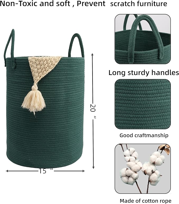 Woven Cotton Rope Laundry basket-15”X20” Laundry Hamper-Rope Storage Basket for Dirty Clothes, Toys and Blankets Perfect for Bathroom, Baby nursery and Living Room Storage (dark green)