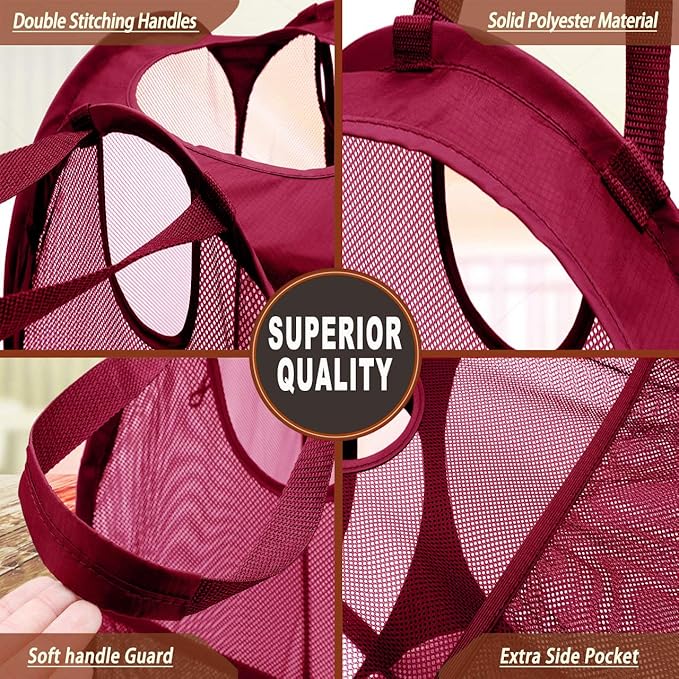 Strong Mesh Pop-up Laundry Hamper, Quality Laundry Basket with Durable Handles Solid Bottom High Carbon Steel Frame, Easy to Open and Fold Flat for Storage (Red)