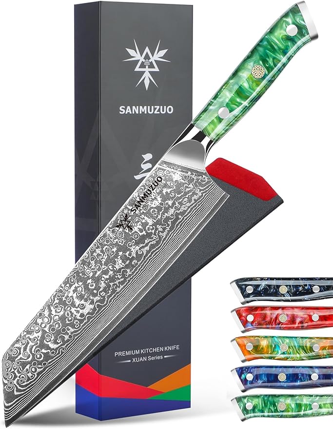 SANMUZUO 8.5 inch Kiritsuke Kitchen Chef Knife - 67 Layers Damascus Steel & Resin Handle - Xuan Series(Fantasy Orange)