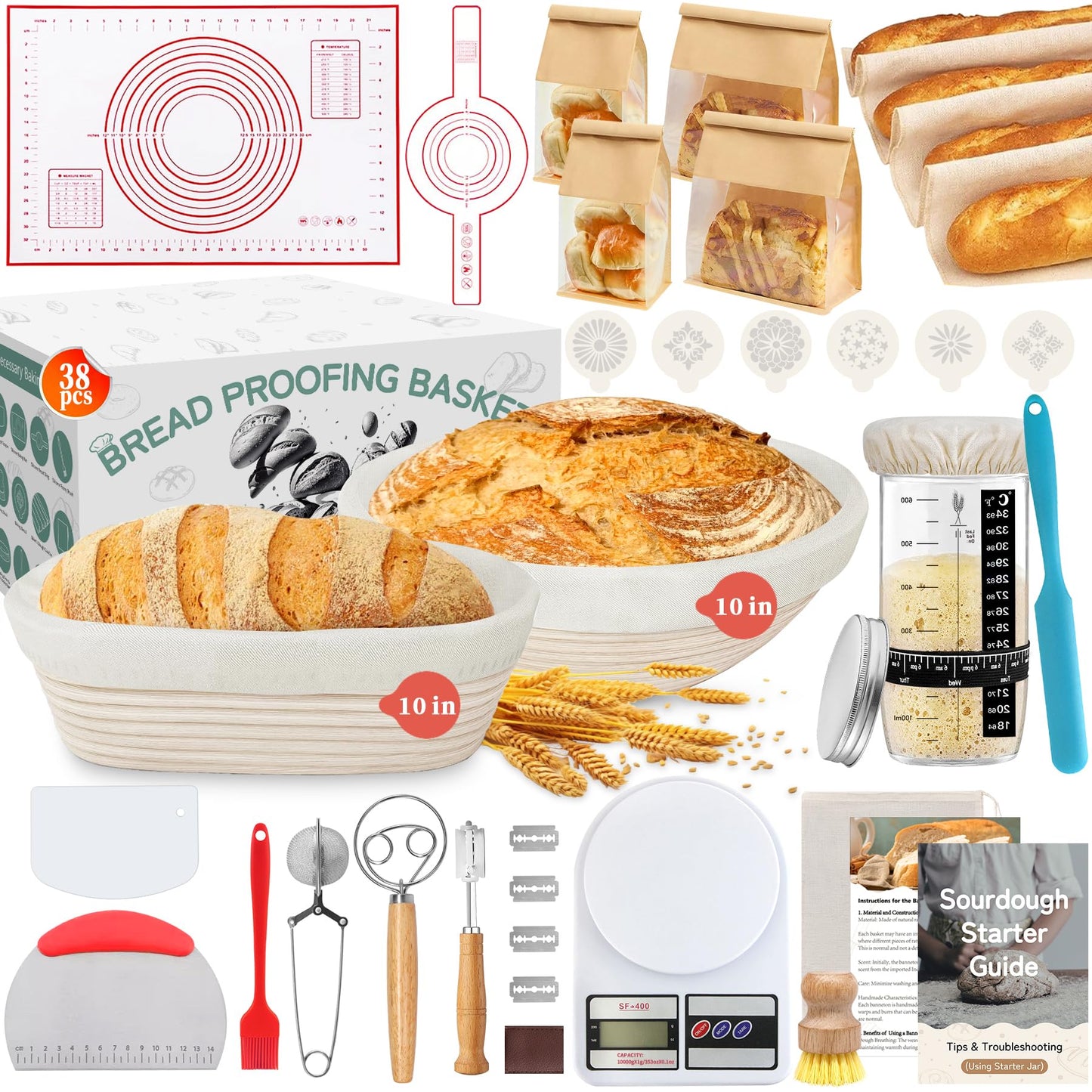 Aliggbent 28Pcs Sourdough Starter Kit, Rattan Banneton Proofing Baskets Set