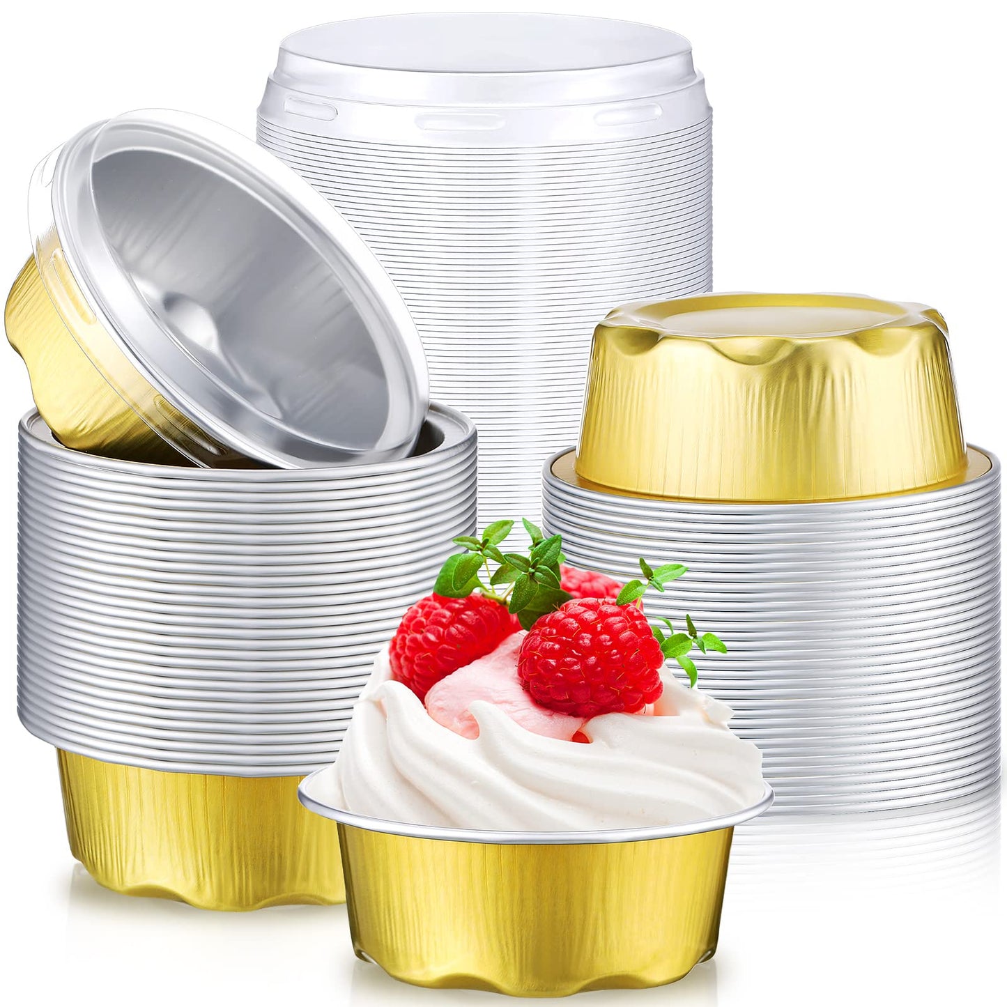 Eaasty 150 Pcs Baking Cups with Lids, 1.6 oz Cupcake Liners, Gold