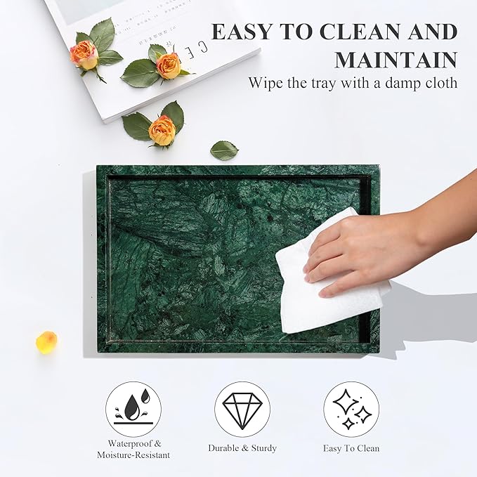 Real Natural Marble Tray for Bathroom, Genuine Marble Stone Vanity Tray, Luxury Storage Trays for Kitchen, Vanity, Home Decor, Dresser, Non-Resin/Non-Ceramic, 12"x 8"x 1.2", Dark Green