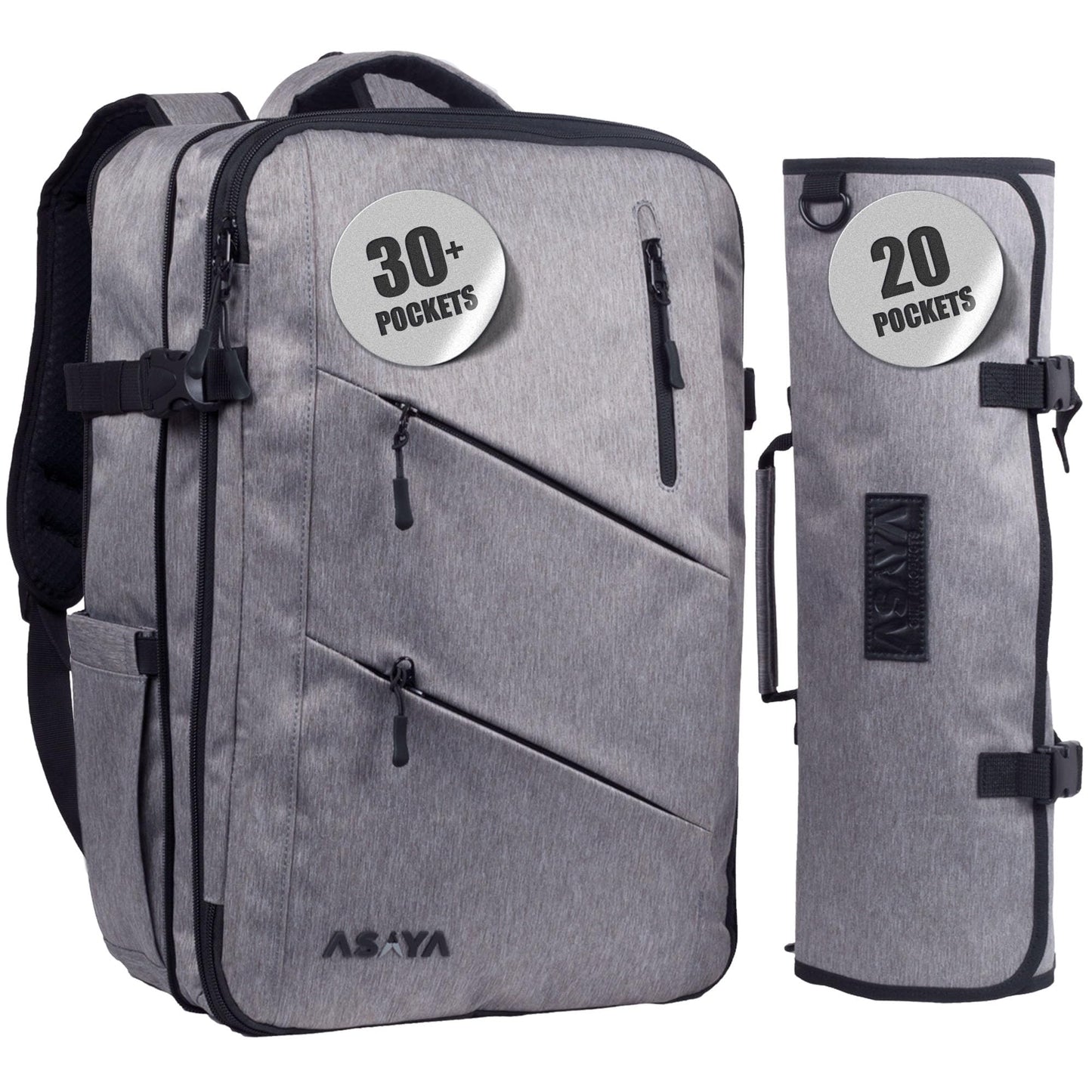 Asaya Chef Knife Backpack with 20-Pocket Knife Roll Bag - Over 30 Storage Pockets Chef Bag, Professional Backpack for Chefs and Culinary Students – Knives Not Included (Black)