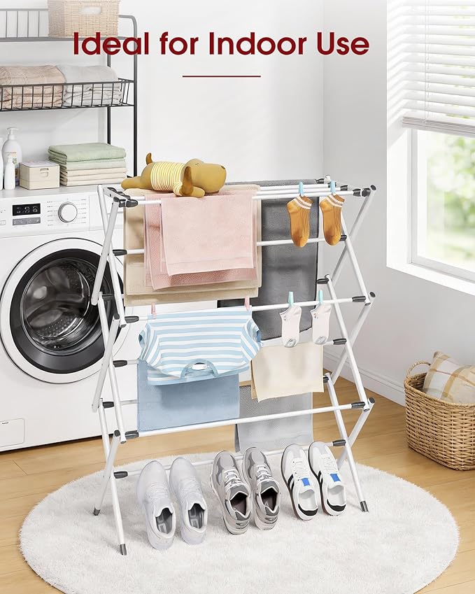 Foldable Clothes Drying Rack – Metal Laundry Drying Rack with Non-Slip Feet, 3-Tier Space-Saving Clothing Rack for Laundry Organization, Indoor & Outdoor Use, 11.4"D x 29.1"W x 37.4"H, White