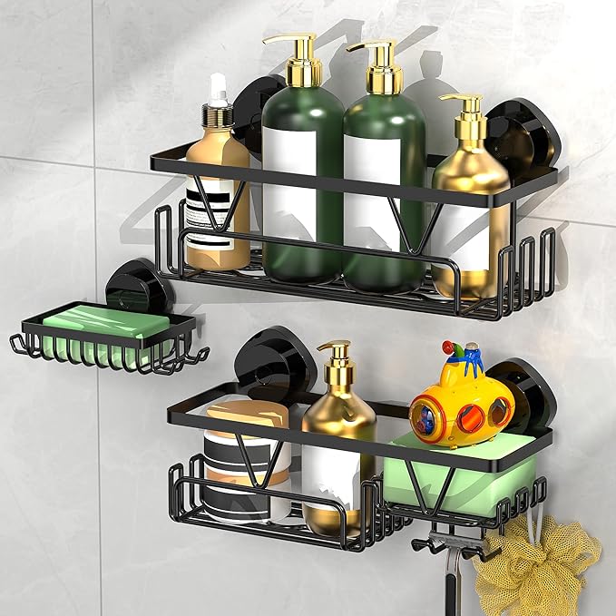 ZUNTO Suction Cup Shower Caddy - 3pcs Reusable Shower Shelf Organizers with Soap Holder and Hooks - No Drilling Bathroom Shelves for Shampoo
