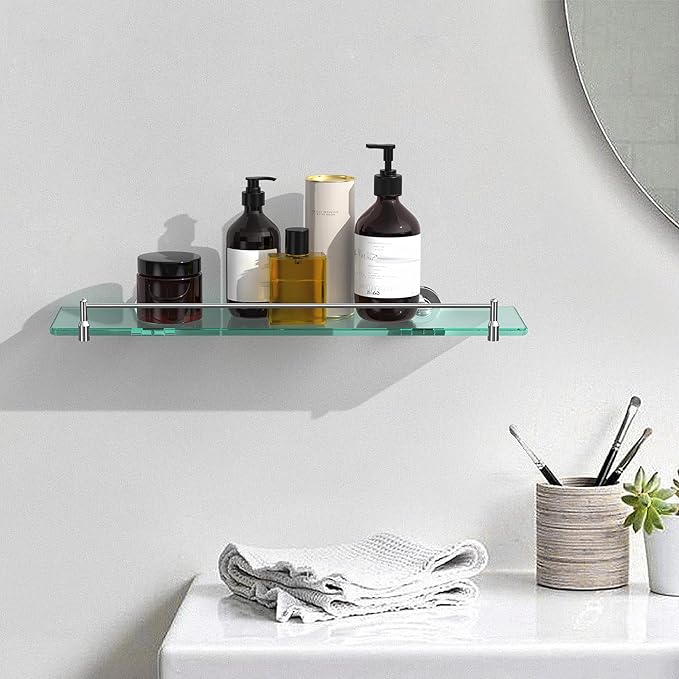 20 Inches Glass Shelves for Bathroom, Chrome Polished Floating Glass Shelf Stainless Steel Tempered Glass Bathroom Shelves for Wall Mount Modern