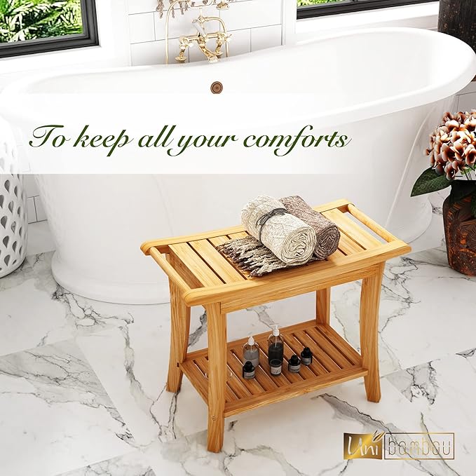 Bamboo Shower Bench Inside Shower Stool with Storage Shelf, Spa Bath Chair for Bathroom, Seat or Organizer for Living Room, Bedroom and Garden - Great for All Ages Unisex Elderly (Large, Natural)