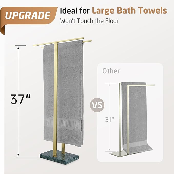 KES Standing Towel Rack with Green Natural Marble Base, 37" Equal-Height Bath Towel Holder Stand for Bathroom Floor, Fits Large Bath Towel, 18/8 Stainless Steel Brushed Gold, BTH229-GBZ